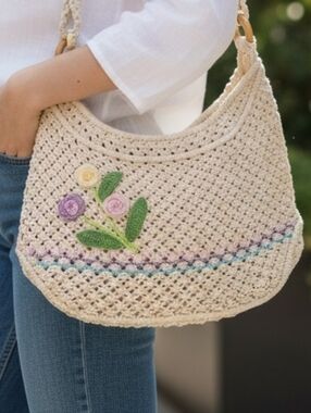 Woven Floral Crochet Shoulder Bag - Crochet tote bag with embroidered flower